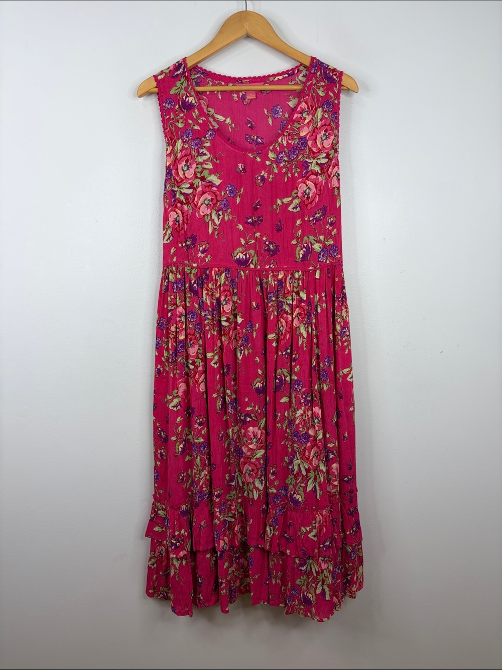 April Cornell Dress Womens Medium Pink Sleeveless Scoop Neck Maxi Tier Ruffle